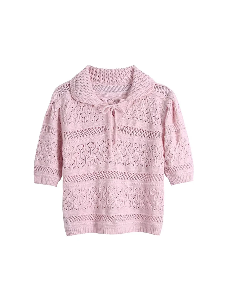 

Женский элегантный кружевной жаккардовый топ с отворотами, вязаный сетчатый Повседневный ажурный топ в стиле ретро с коротким рукавом, Нов...