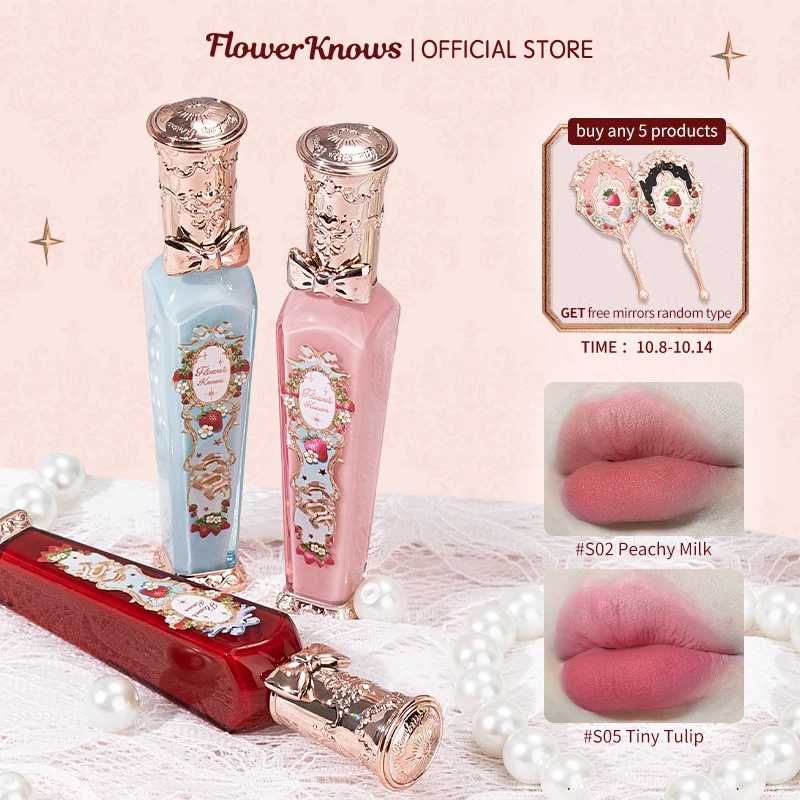 

Sdotter New Flower Knows Strawberry Rococo Series Cloud Lip Cream Lipsticks 3.5g Beauty Glazed Mirror Lip Gloss Delicate Lipstic