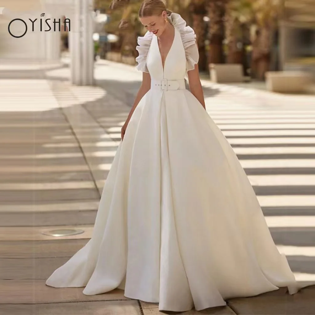 

OYISHA Elegant Halter A-Line Satin Wedding Dresses Ruched Sleeveless With Belt Bridal Gowns Backless Custom Made Robe De Marie
