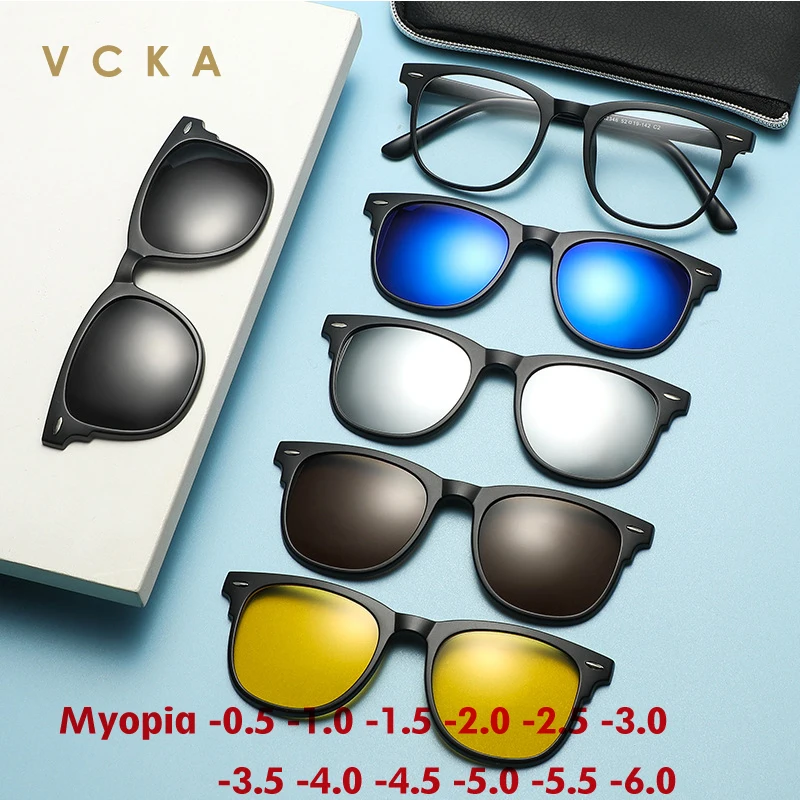 

VCKA Classic Women Men Myopia Sunglasses Polarized Optical Magnet Clip Glasses Frame 6 In 1 Prescription Eyewear -0.5~-10