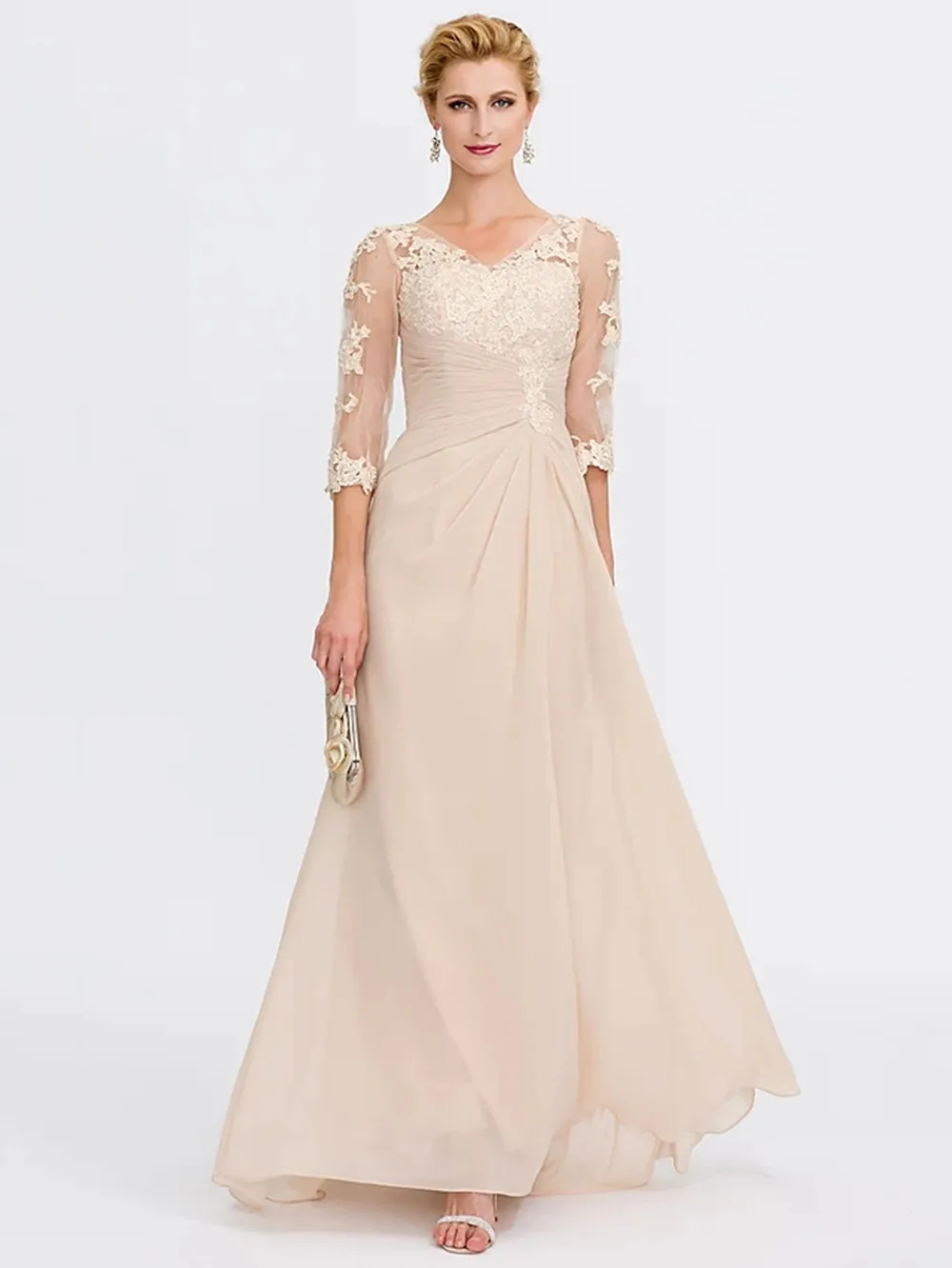 

Sheath Column Mother of the Bride Dress Elegant See Through V Neck Floor Length Chiffon Sheer Lace Half Sleeve with Appliques