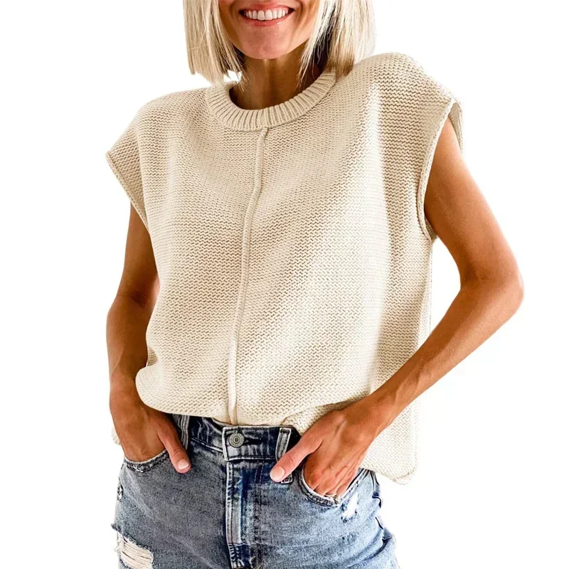 

Модная трикотажная одежда без рукавов, офисные топы, повседневный Свободный вязаный свитер с круглым вырезом, винтажный Однотонный пуловер для женщин, женский свитер 29573