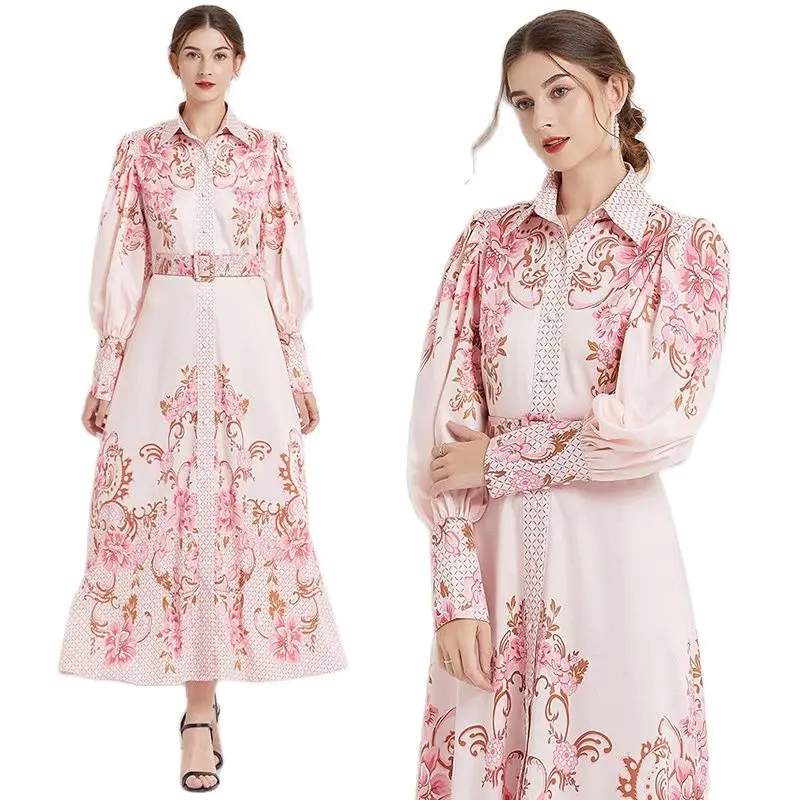 

Retro Floral Pink Maxi Shirt Dress With Belt 2023 Women Designer Long Sleeve Lapel Party Slim A-Line Formal Dresses Ballgown