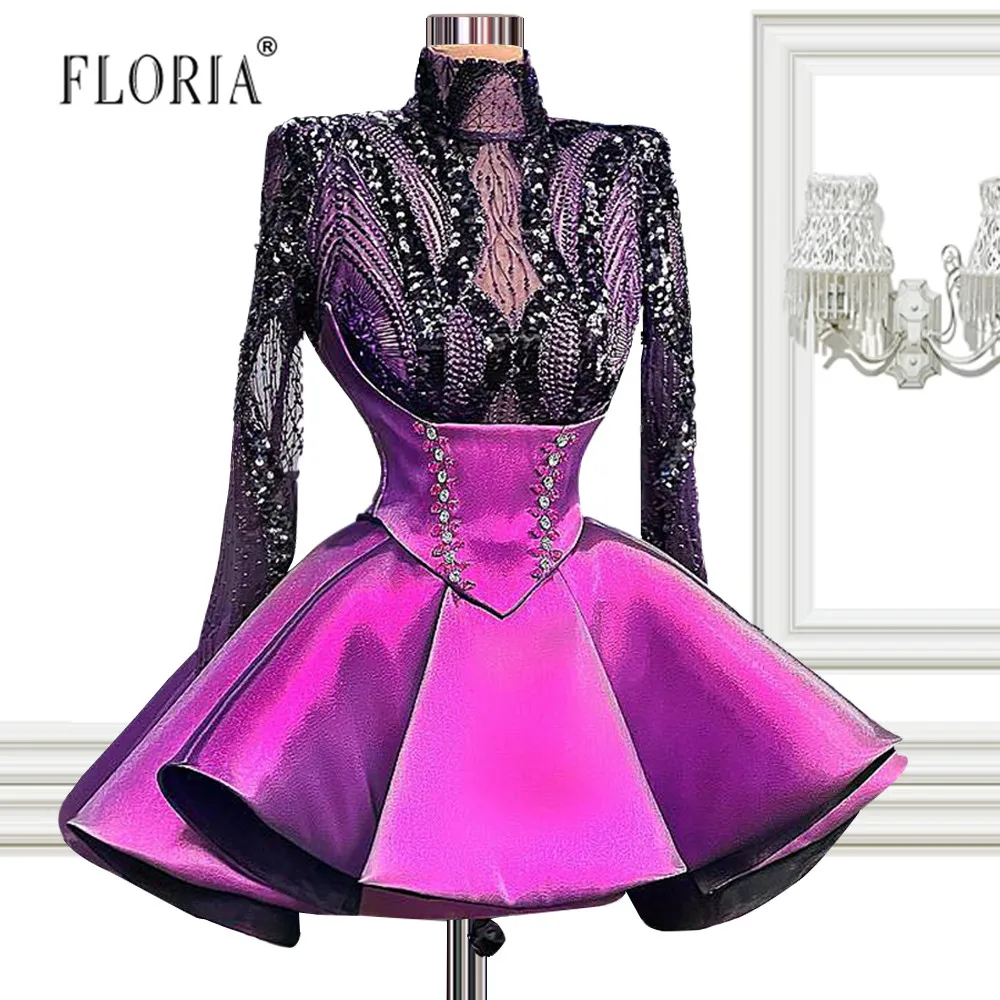 Женское коктейльное платье Haute Couture, фиолетовое блестящее платье с длинным рукавом и бусинами, короткое платье для выпусквечерние вечера и в...