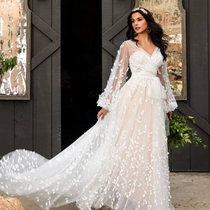 

Roseca Ye Flower Lace Appliqués V-neck Elegant Wedding Dress Tulle Puff Long Sleeves A-line Bridal Gowns Robe de Soirée Mariage