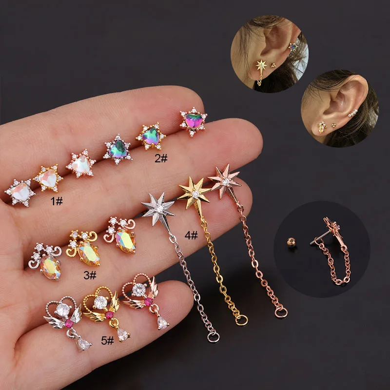 

1Pc 20g Flower Star Heat Cz Cartilage Stud Earring Stainless Steel Colorful Cz Crystal Chain Earrings Helix Ear Piercing Jewelry