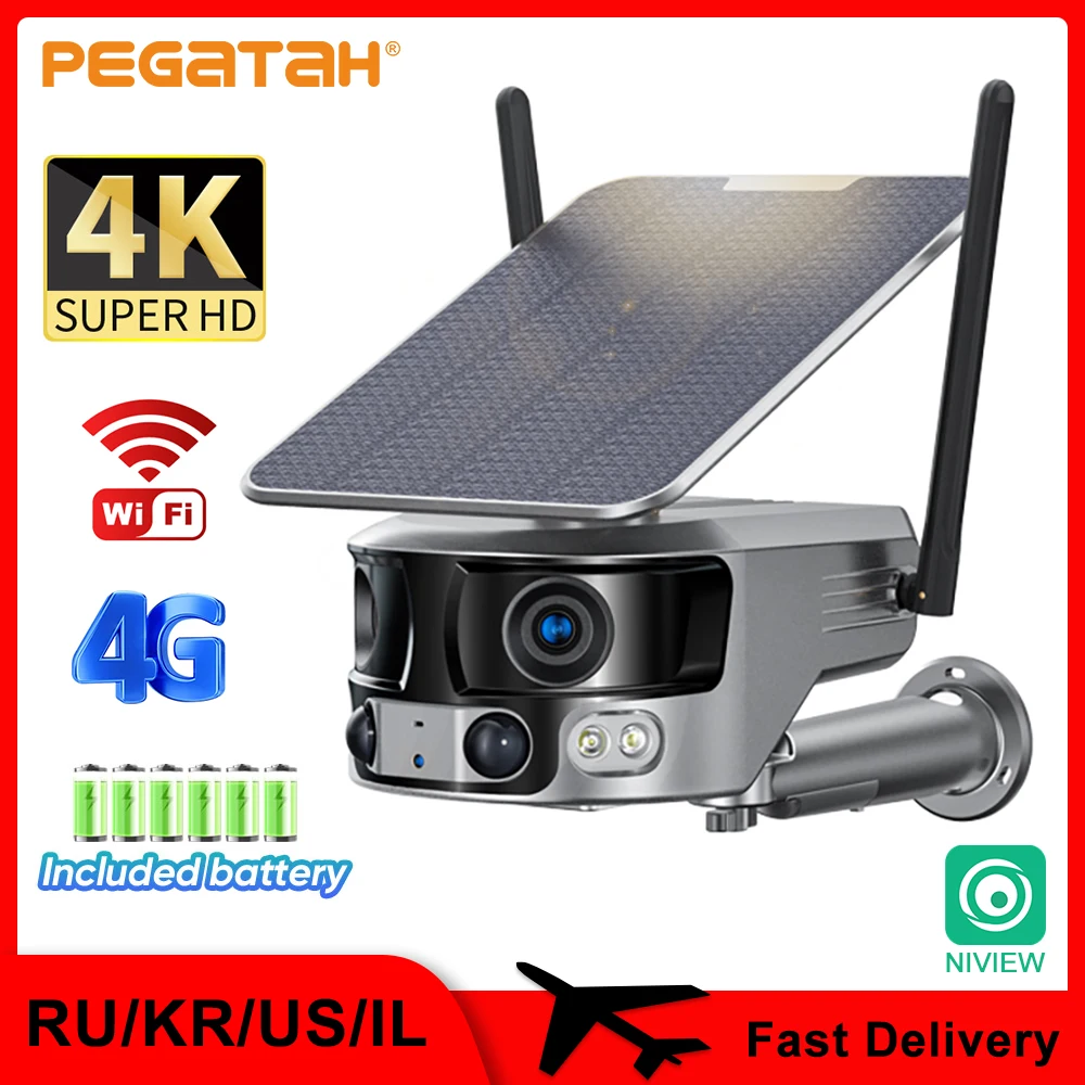 

PEGATAH 4K Солнечная камера безопасности на открытом воздухе 4X зум двойной объектив 180 ° ультра широкий угол обзора PIR Обнаружение человека 4G/WIFI ...