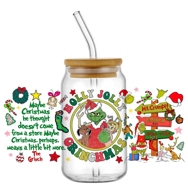 Рождественская наклейка в виде мультяшного монстра УФ DTF Санта-Клауса для 16 унций