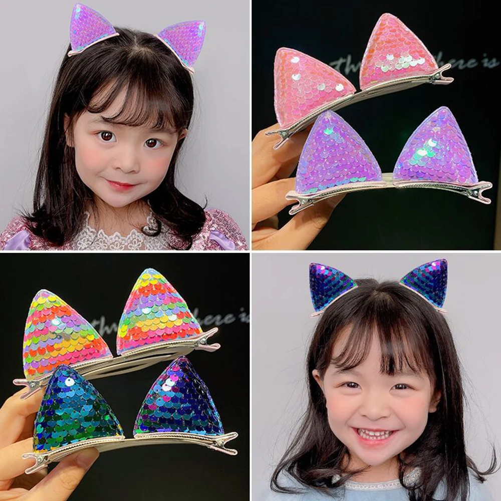 

2Pcs Sequins Cat Ears Hairpins Gradient BB Hairgrips Glitter CBarrettes Bling Hair Clip Girls Program Performance Side Clip
