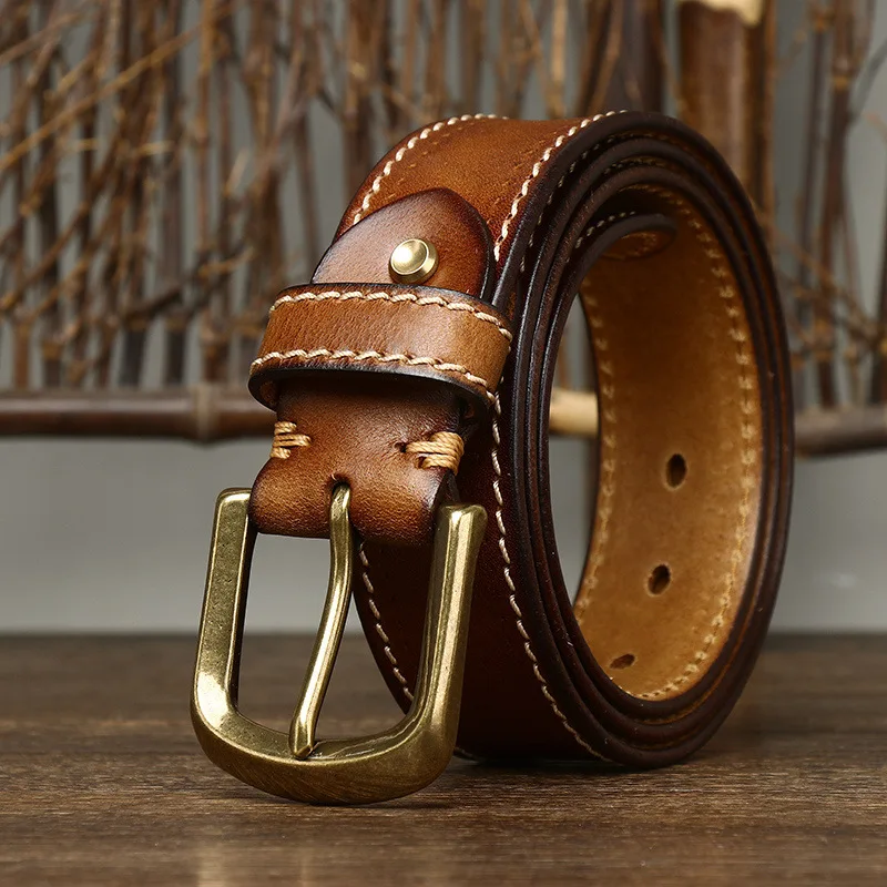 3.8CM Pure Cowhide High Quality Genuine Leather Belts for Men Korean Version Strap Male Brass Buckle Fancy Vintage Jeans Cowboy