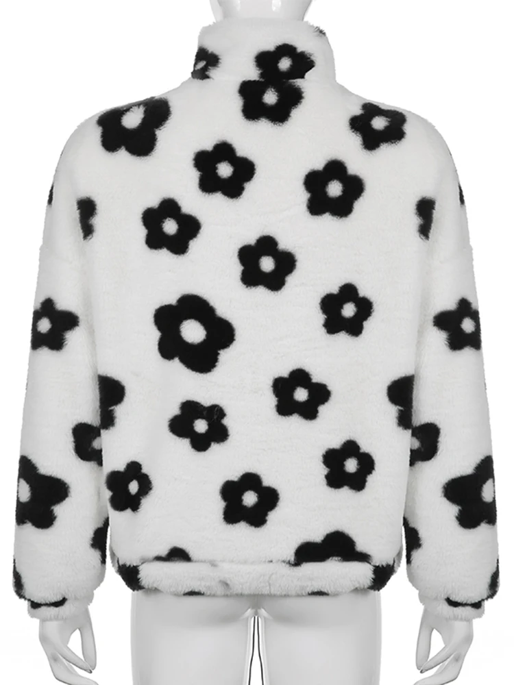 WeiYao Floral Print Pluffy Faux Fur Coats Women Zip Up Turtleneck Long Sleeve Winter Clothes Street Style Y2K Fashion Pullover