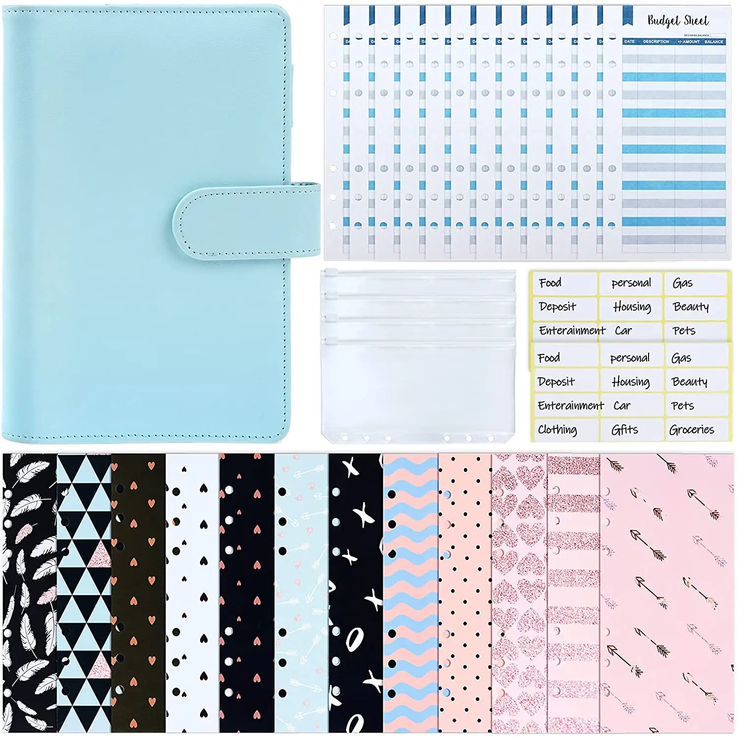 

31 Pieces A6 Binder Budget Cash Envelope Planner Organizer with 12 Budget Money Envelopes,Expense Budget Sheets,4 Binder Pockets