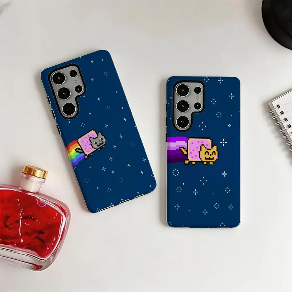 Фото Модный милый чехол для телефона N-Nyan Cat для Samsung Galaxy S25 S24 S23 S22 S21 Plus Ultra, глянцевый корпус 2-в-1. №4