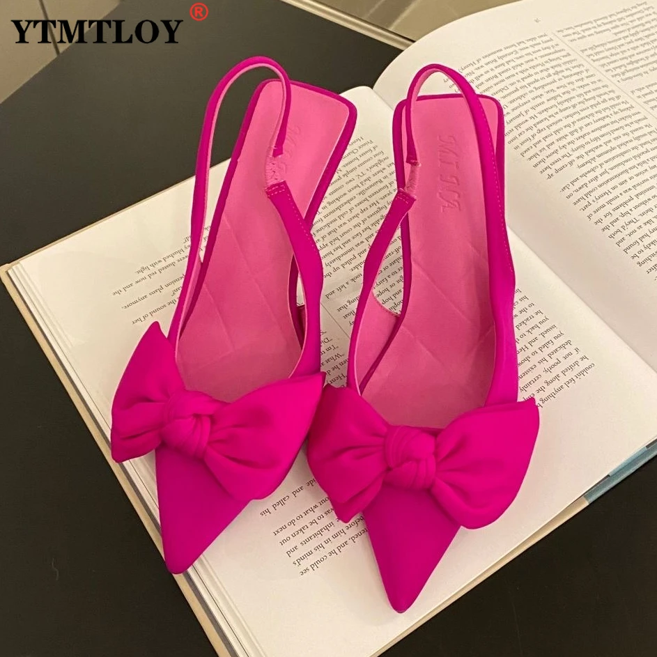 New Women's Shoes Pointed Toe Shallow Nude Pink Diamond Low Heel Back Strappy Shoes Women Green Heels Sandals  Butterfly-knot