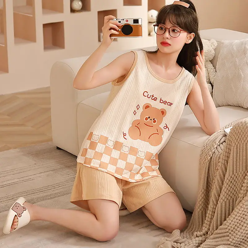 

Пижамный комплект Женский без рукавов, хлопковый комплект из двух предметов, модная мягкая одежда для сна в Корейском стиле, Милая Ночная ру...