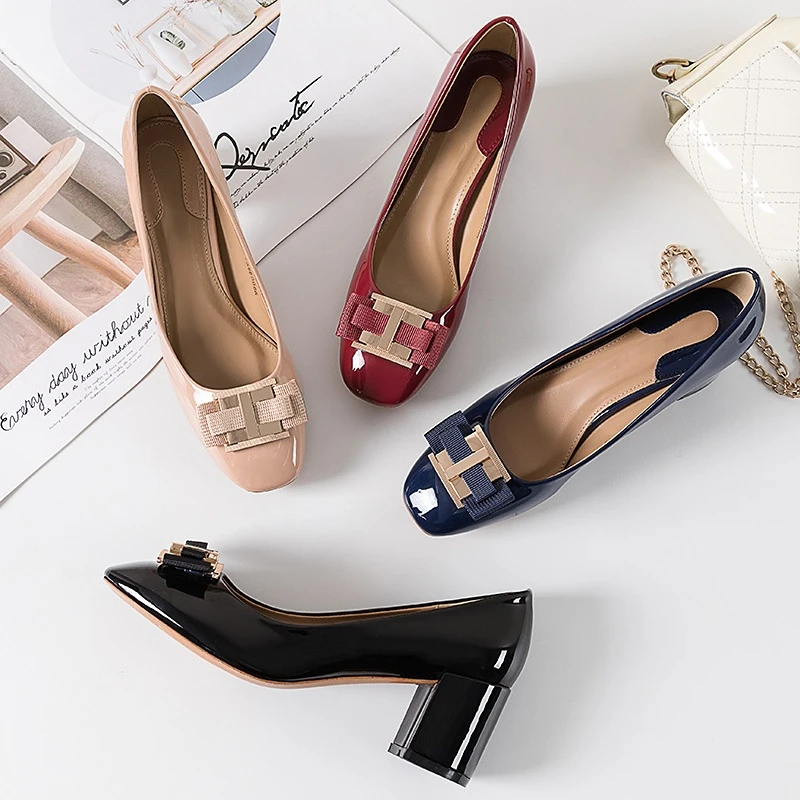 Spring and Autumn New Style Square Head Thick Heel High Heel Women's Single Shoes Metal Buckle Red Office Women's Shoes