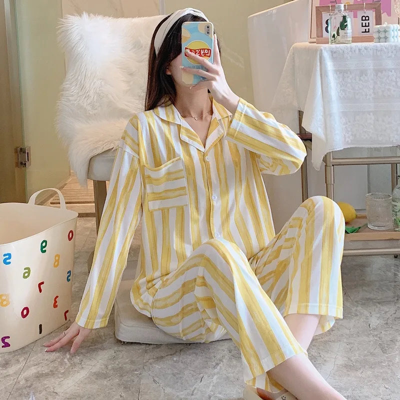 Cotton Pajamas Women's Summer Long-sleeved Cardigan Women's Thin Section Sweet and Cute Pajamas Girls Casual Loose Home Clothes