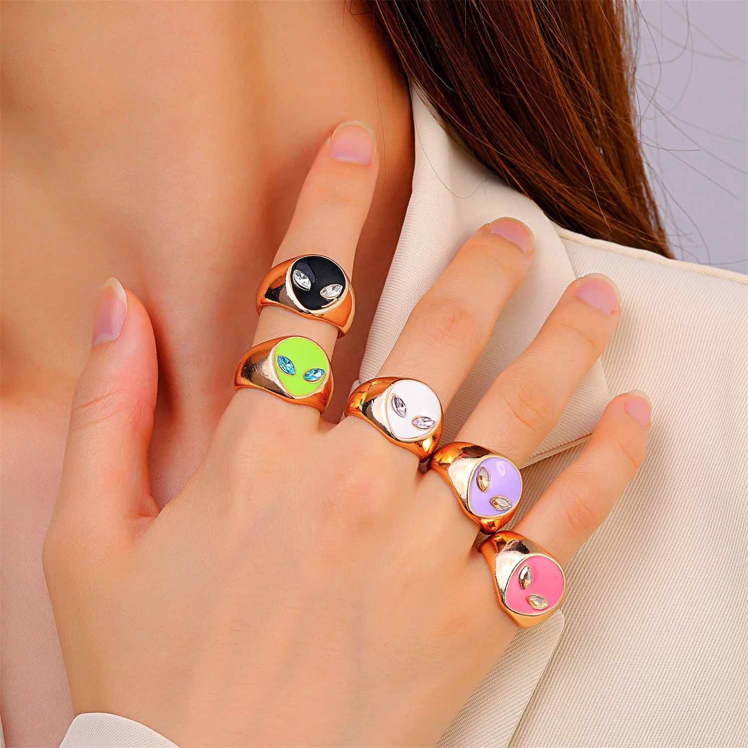 

Simple Colorful Alien Ring Retro Geometric Finger Rings Fashion Trendy Hand Jewelry for Women
