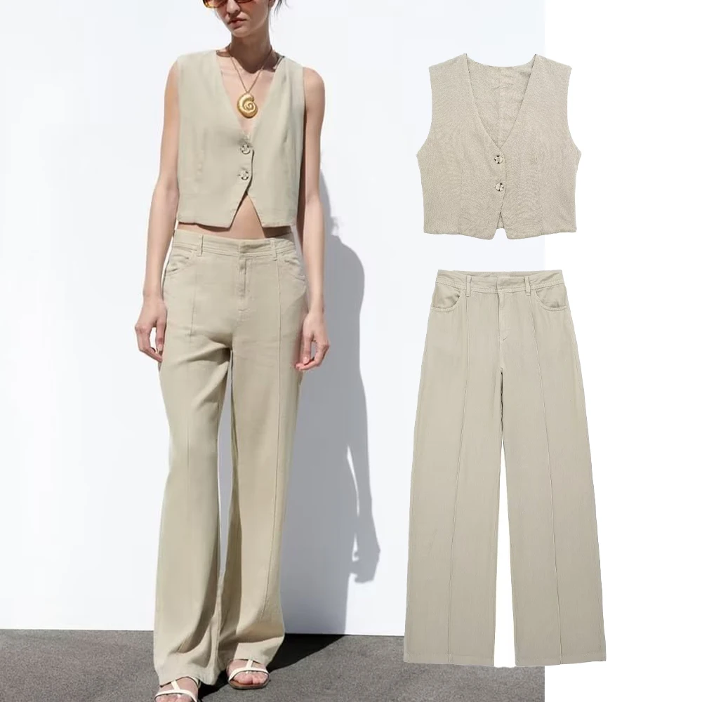 

Women 2023 New Fashion Summer Kaqiji Flax Blended Vest Button V-neck Tank Tops Vintage Female Chic Tops