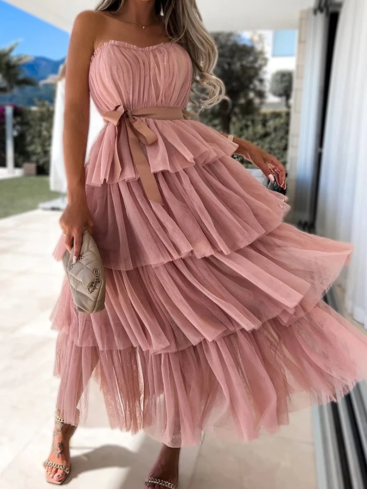 

Fashion Design Women Guest Cocktail Dress New Sexy Wrap Breast Lace Up Solid Slim Dress Elegant Party Laminated Gauze Cake Dress