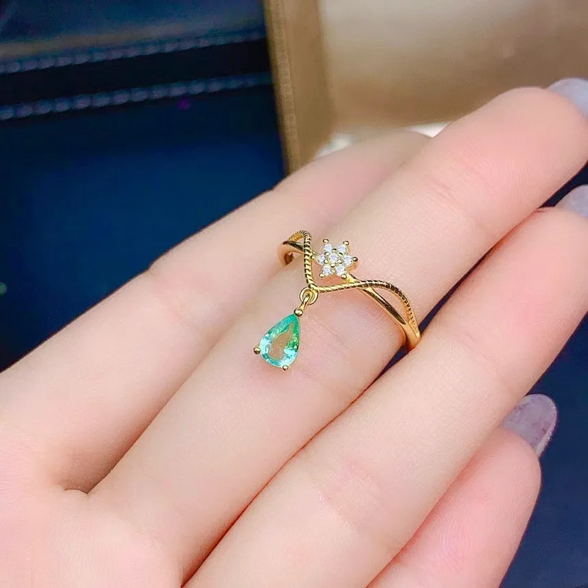

Design Water Drop Green Zircon Drop Open Rings for Women Simple White Gemstone Flower Gold Color Adjustable Ring