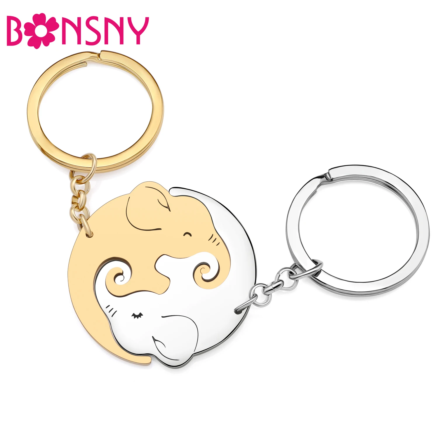 

Bonsny Stainless Steel 2PCS Gold-plated Animals Elephant Keychains Patchwork Keyring Key Chains Lovers Bag Charms For Couple