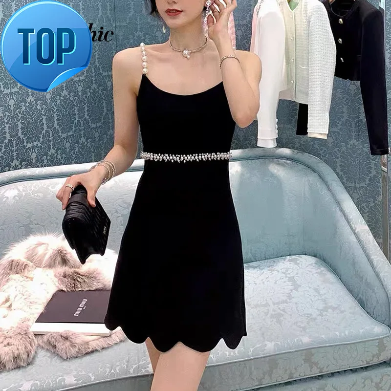 Elegant Fashion Clothing Summer Korean Pearls Spaghetti Strap Mini Party Dresses for Women 2023 Vintage Black Dress