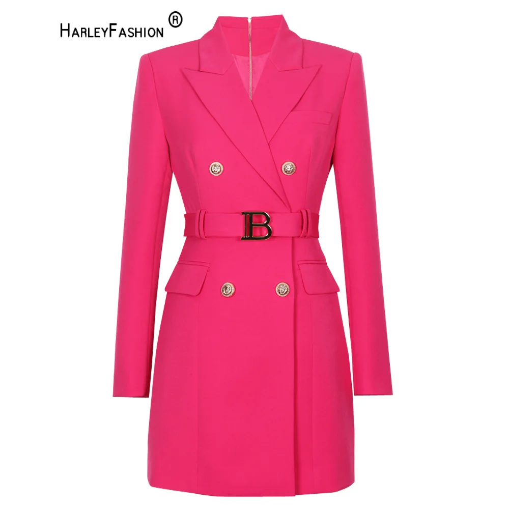 Office Lady New Autumn Elegant Rose Red Street Blet Blazer Fall Winter Women Quality Chic Dresses