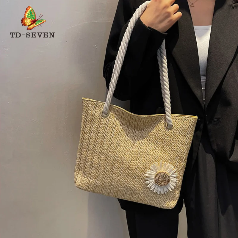

Women Beach Bag High Quality Large Capacity Female Tote Bag Straw Handbag Shoulder Bags Daisy Handmade Pattern Solid Shopper Bag