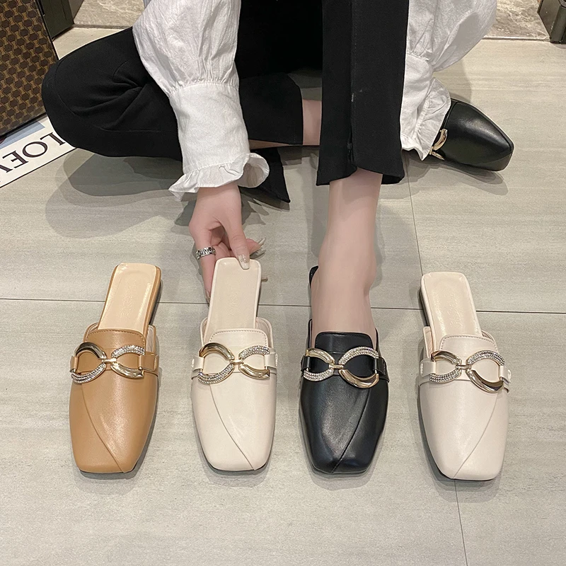 

Женские босоножки без задника, удобные сандалии с квадратным носком, шлепанцы на низком каблуке, большие размеры, весна 2022