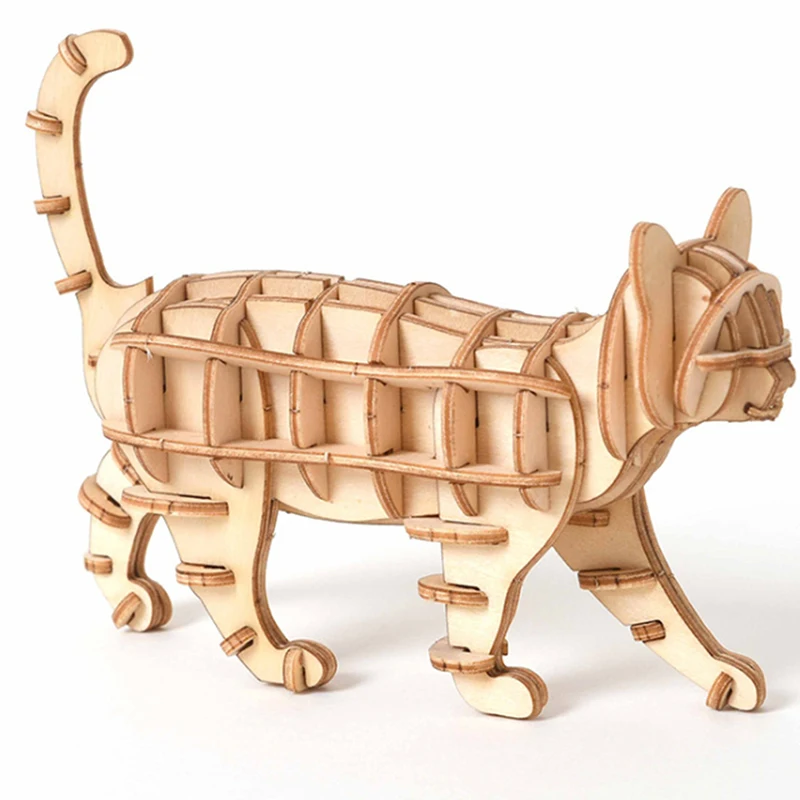 

New Wooden 3D Assembled Creative DIY Puzzle Wooden Animal Cat Antique Box Model Assembled Toy Gift Laser Cutting 3D Puzzles Toy