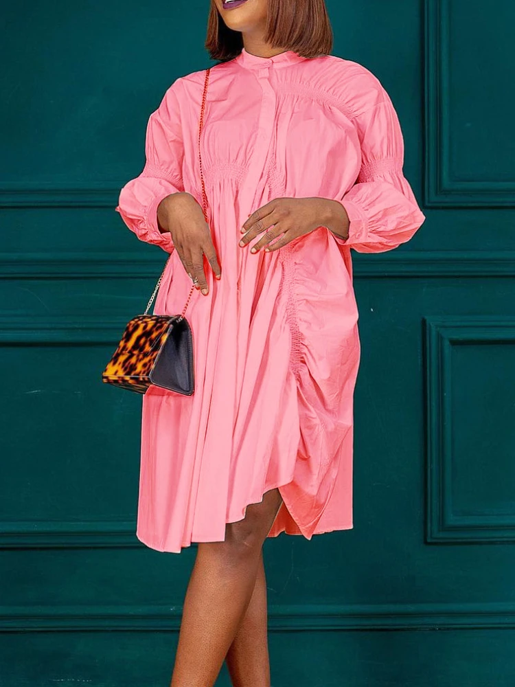 

Платье женское хлопковое с рюшами, Повседневная Свободная рубашка с длинным рукавом, длиной до колена, элегантный белый розовый красный цве...