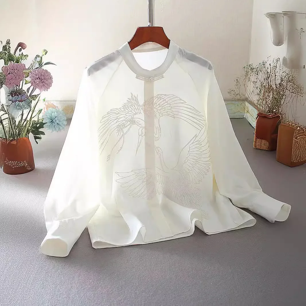 Элегантный шифоновый воротник-стойка с длинными рукавами и вышивкой