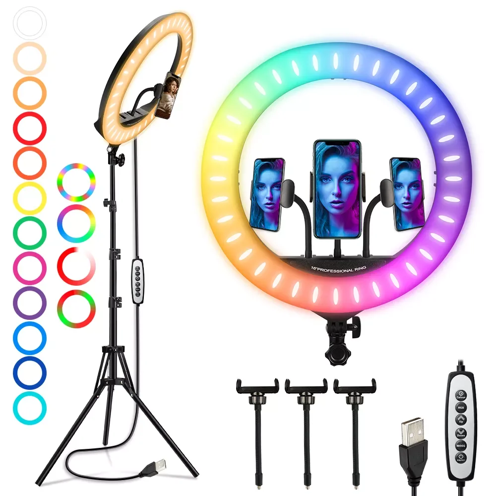 

16 Inch RGB Ring Light LED Soft Selfie Ring Lamp with Stand Remote Dimmable Video Photographic Lighting Studio Circle Fill Light