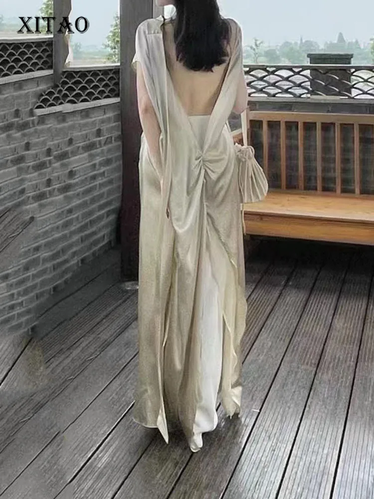

XITAO Backless Dress Fashion Irregular Off Shoulder Solid Color Pleated Goddess Fan Casual Style 2022 Elegant Dress WLD8150