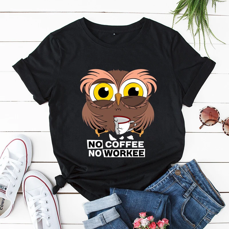 

No Coffee No Workee Owl T Shirts for Women Funny Cartoon T-shirts Grunge Kawaii Fashion Tshirt Korean Female 2000s Tops Y2k Tees