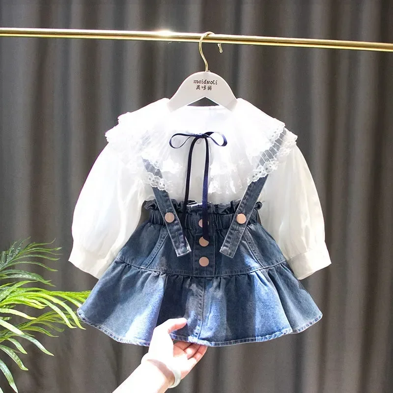 

Оригинальный костюм для девочек, новинка, джинсовая рубашка с юбкой для маленьких девочек, комплект из двух предметов, детская одежда с длинными рукавами на весну и осень, костюм