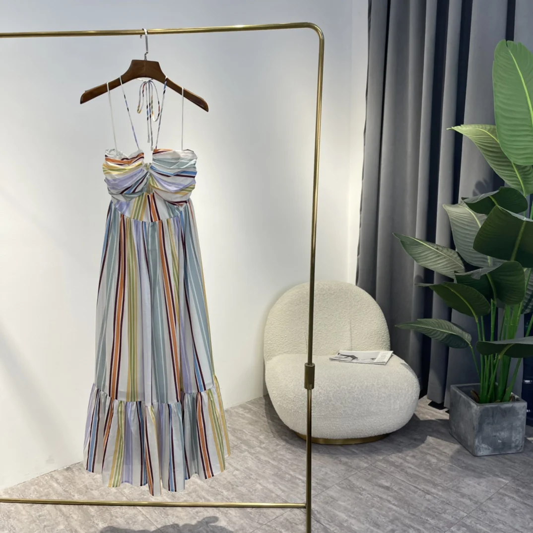 

Женская плиссированная кофта в радужную полоску, летнее Хлопковое платье-трапеция до середины икры с воротником, новинка 2022