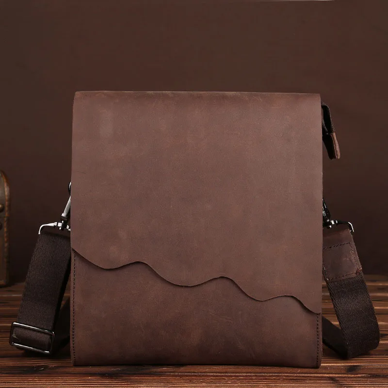 Vintage Mad Horse leather men's Single shoulder bag with flip topper layer vertical crossbody bag