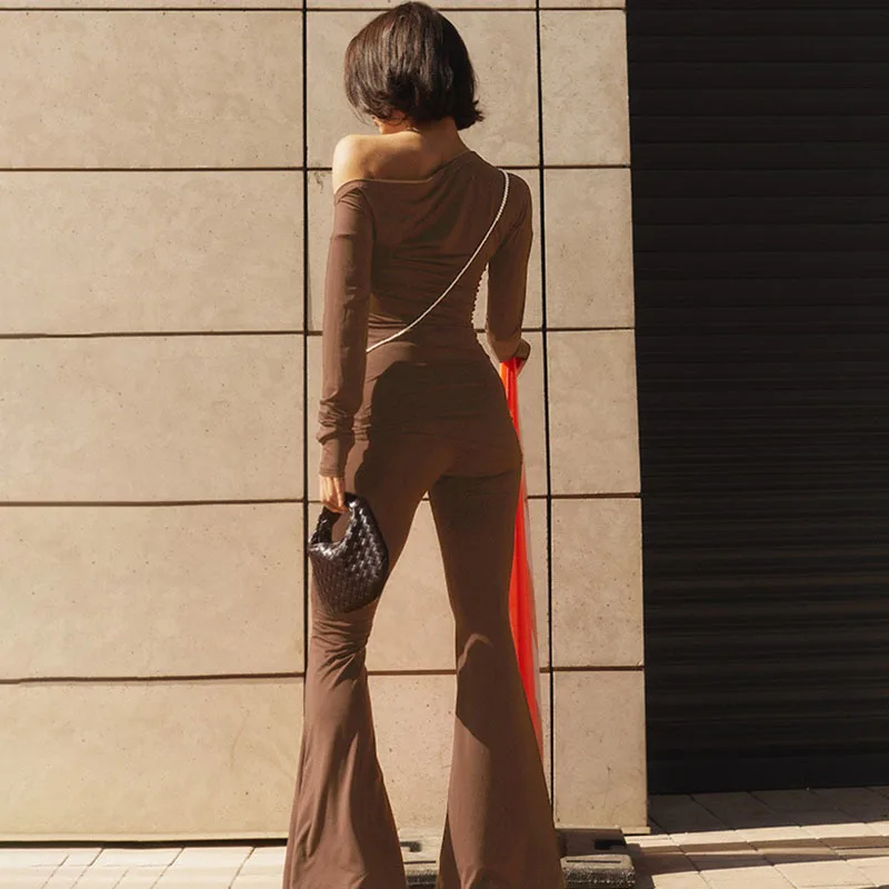 Apprabant Fashionable Sloping Shoulders Solid Trousers Set Long Sleeve Sexy Tight Fit Tops Streetwear Micro Flare Pants Suit