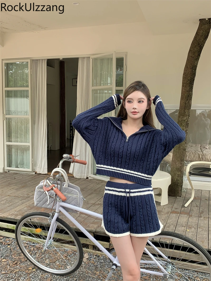 

2Pcs Set,Two Pieces Sets,Knitwear Sailor Style Crop Top Sweater and Knit Short Hotpants Fall Clothing Suit y2k tracksuits