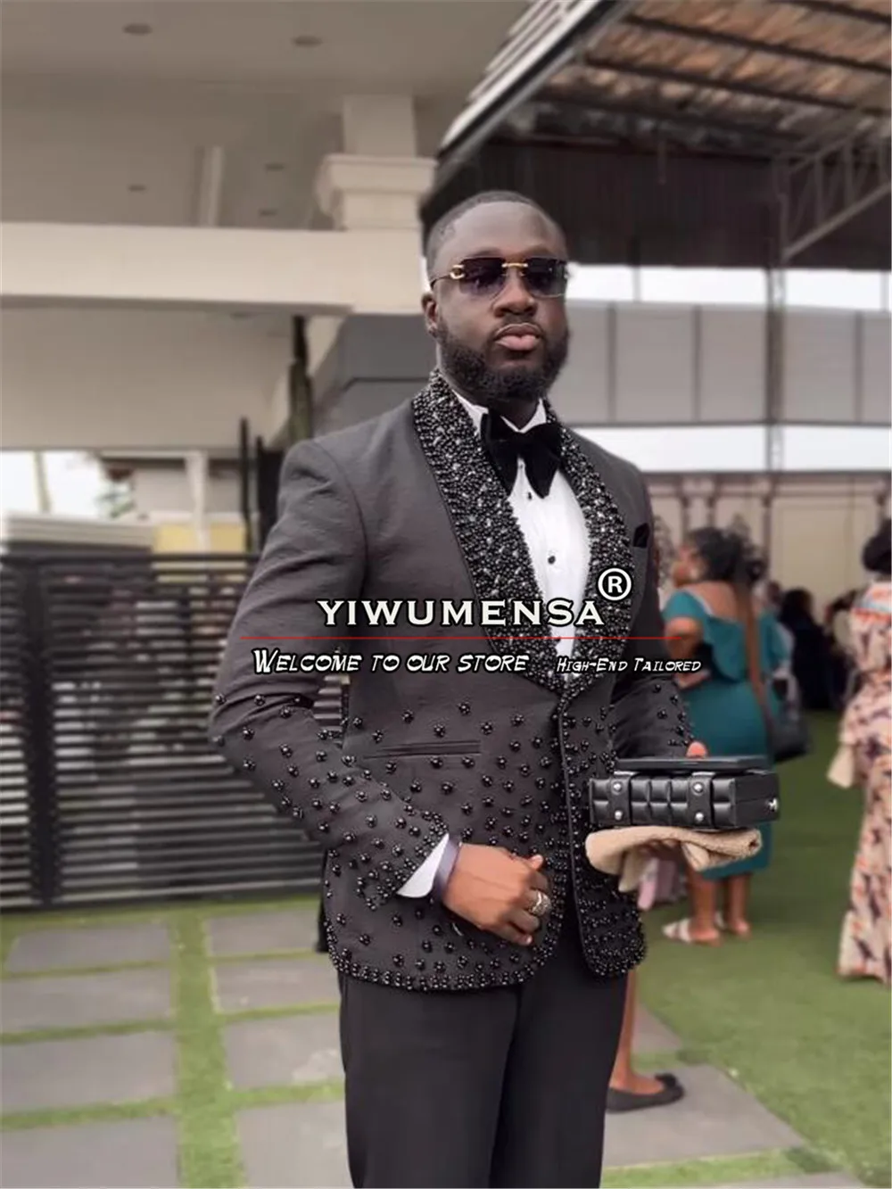 Элегантные мужские костюмы ручной работы черный тяжелый жемчуг Блейзер брюки 2