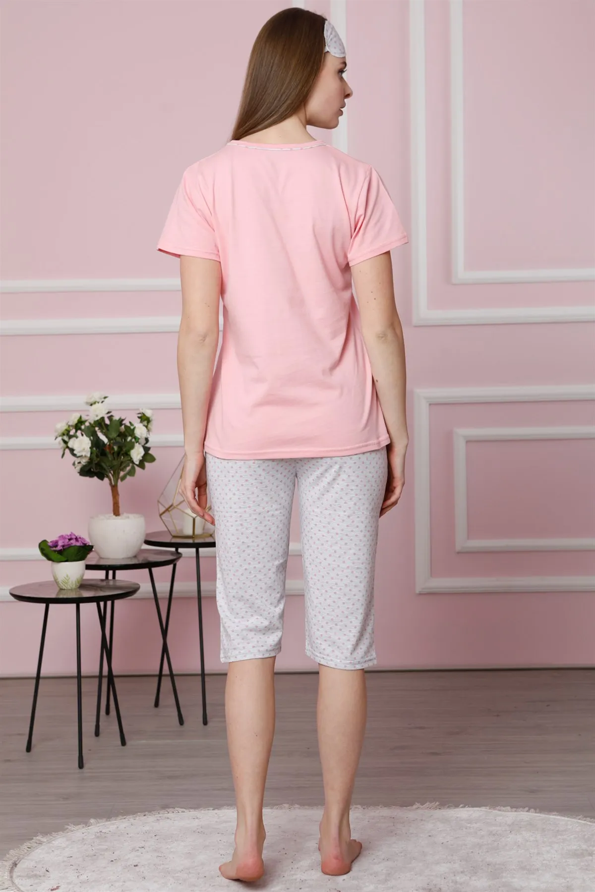 

Fashion Cartoon Women 'S Pink Cotton Pocket Capri Pants Pajamas Suit 3516