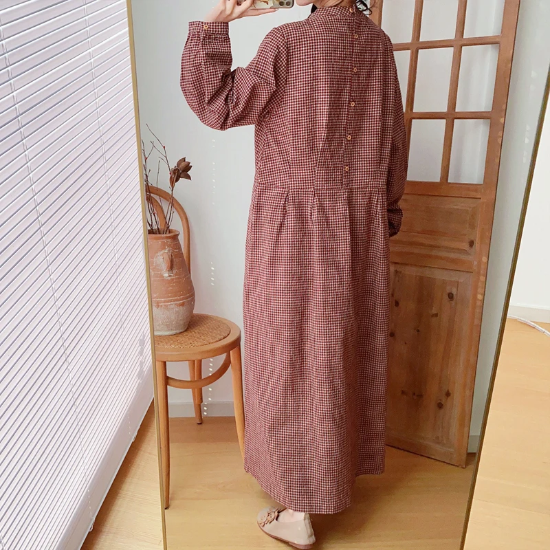 Женское винтажное платье в клетку Johnature простое из хлопка и льна японском стиле с
