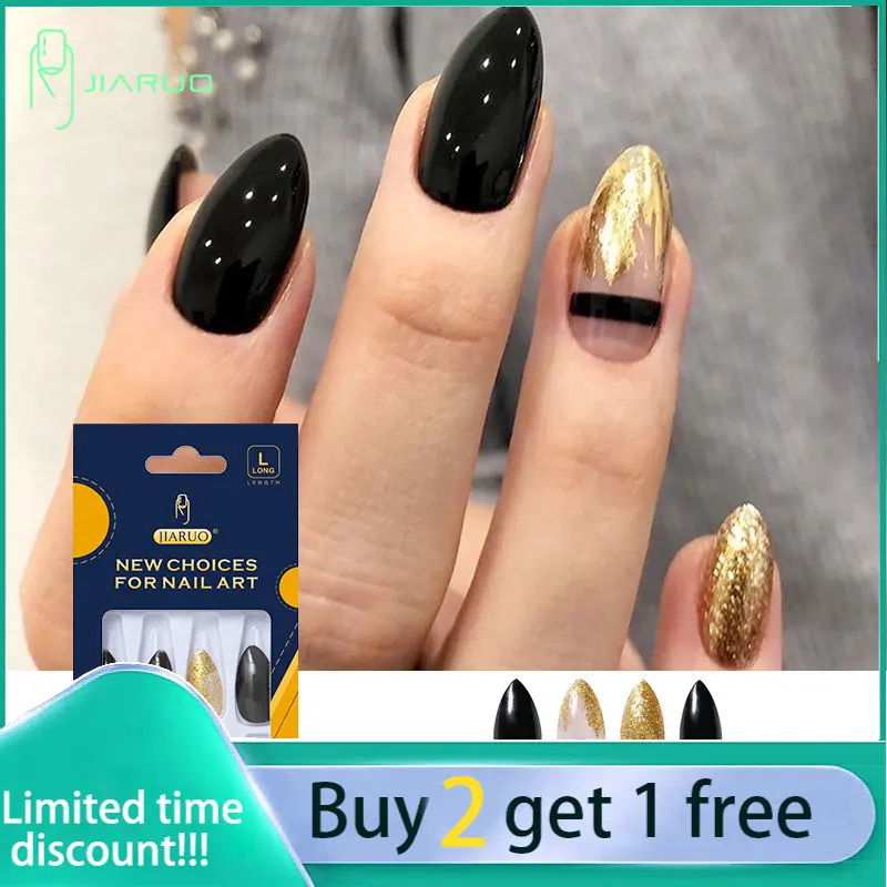 

JIARUO 24 шт./коробка короткие миндальные пресс-гвозди черные и золотые блестящие подвески для ногтей полное покрытие ногтей Y2k Набор наклеек на...