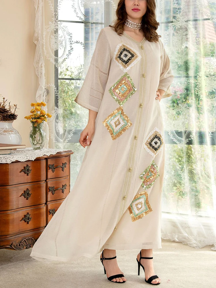 Льняное мусульманское кимоно с блестками, кафтан для женщин, абайя, Дубайский халат, Модное Длинное Платье, арабское платье Eid, Рамадан Eid ...