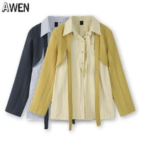awen fashion splicing blazers sleeve shawl striped shirt ladies chic loose tumdown collar suits blouse 2022 new streetwear top