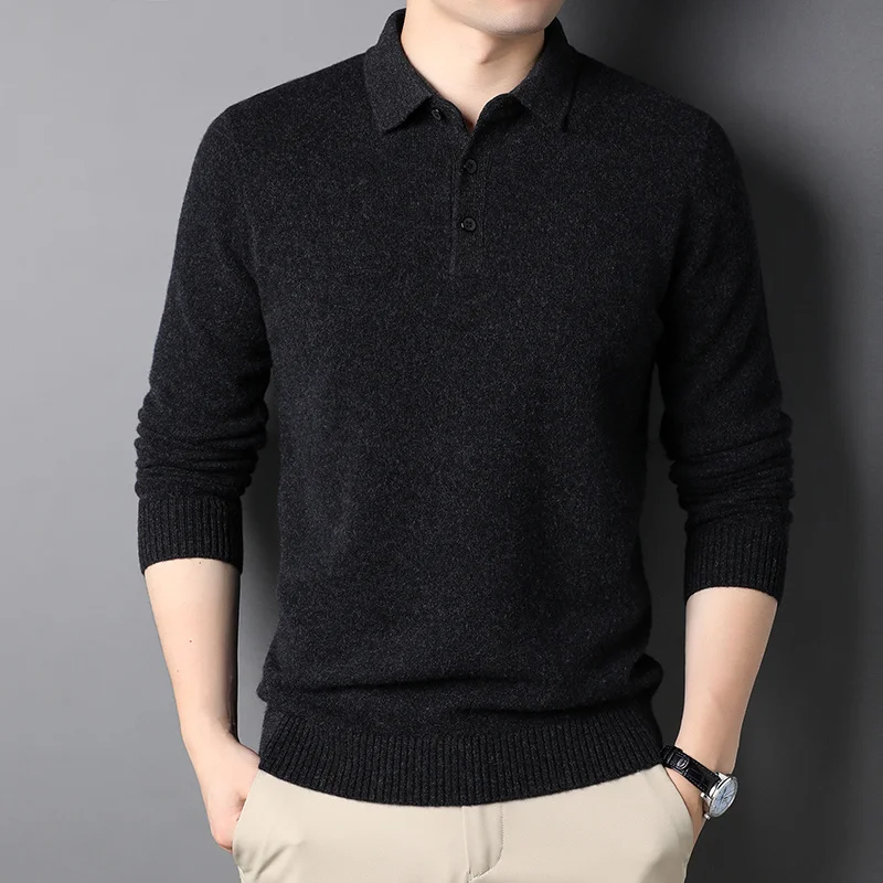Lapel shirt Men's pullover winter collar sweater backing knitted sweater business 200% pure wool sweater