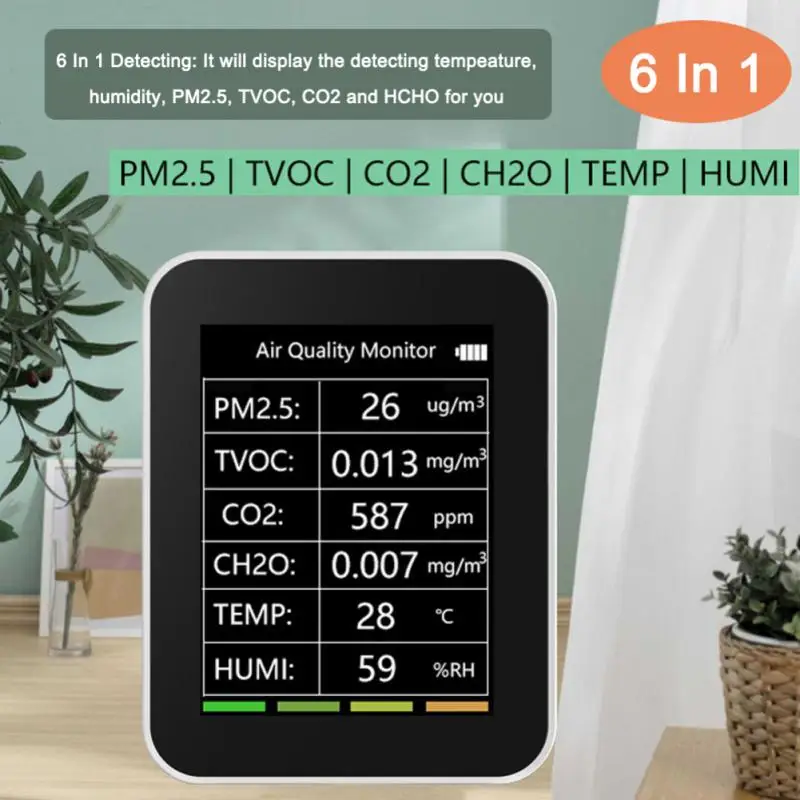 

Tuya WiFi Temperature Humidity Sensor 6 In 1 AirMeter Detector Intelligent CO2 CH2O PM2.5 TVOC Remote Control Quality Detector