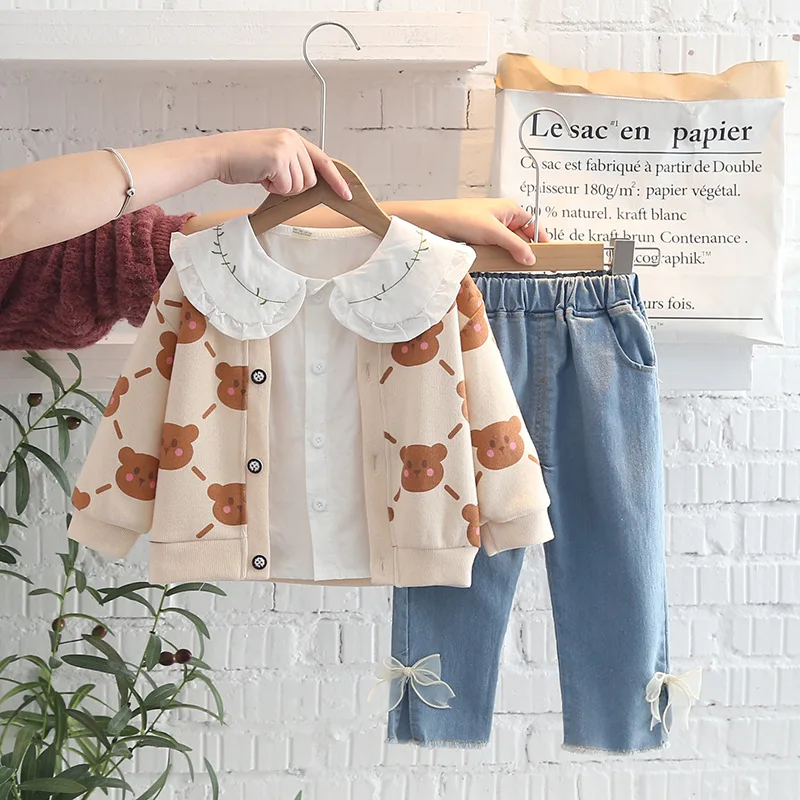 2022 Spring Autumn 3PCS Girls Clothing Set Cartoon Bear Sweater Coat Long Sleeve Shirt Washed Jeans Pants Baby Clothes |